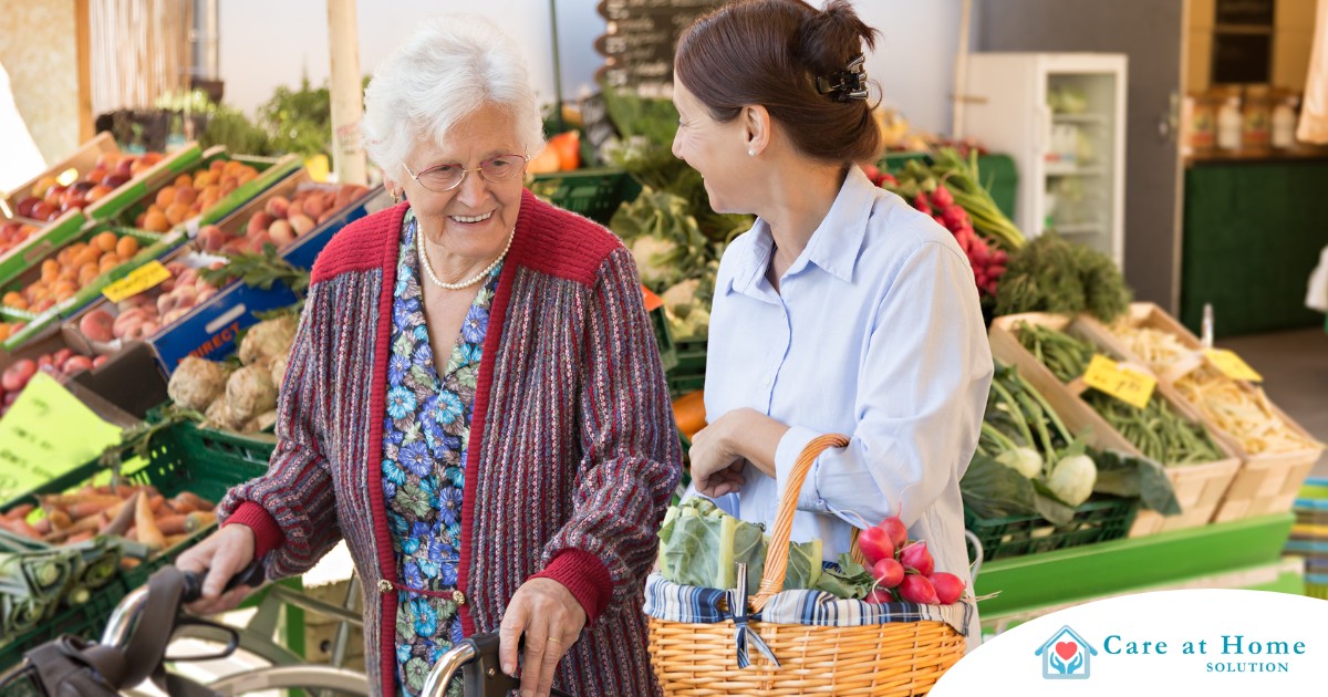 A caregiver shops for groceries with an older adult, representing shopping for a diabetes-friendly diet.