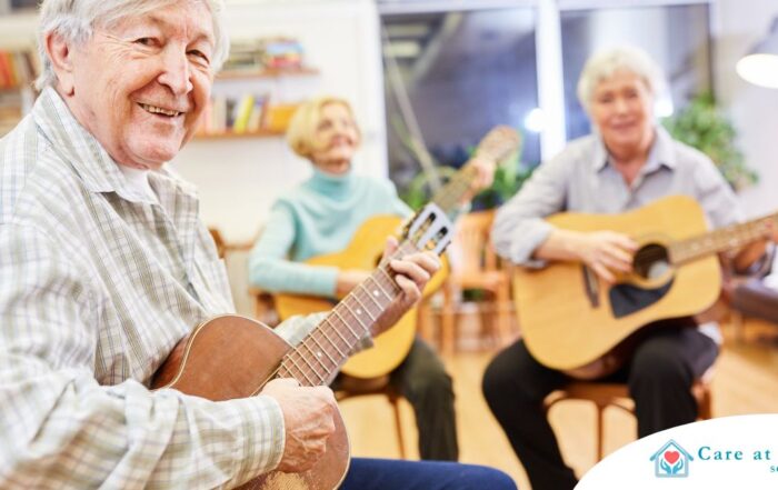 A group of seniors enjoy playing instruments together showing the impact of music for older adults.