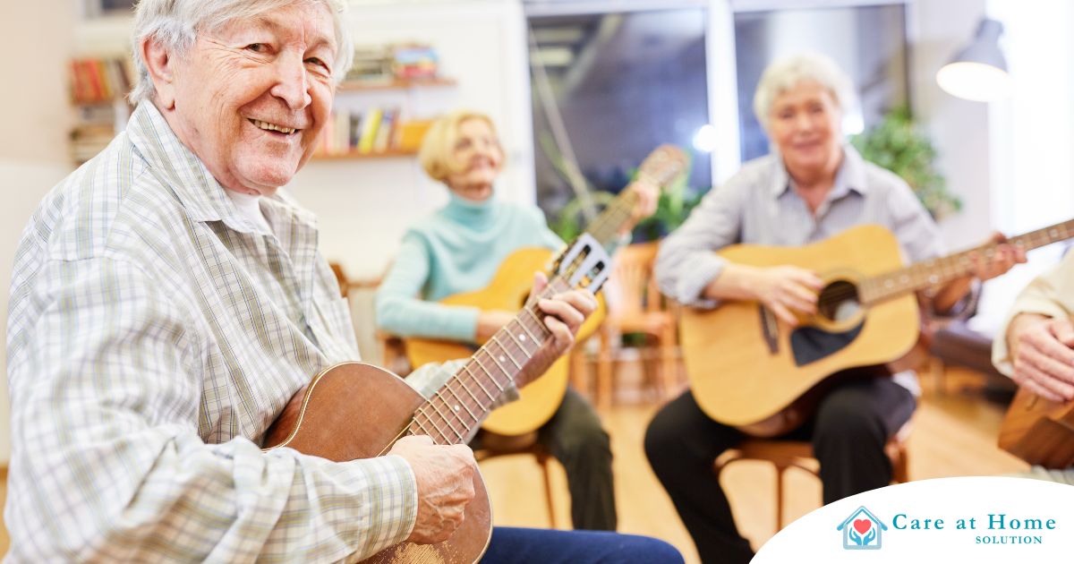 A group of seniors enjoy playing instruments together showing the impact of music for older adults.