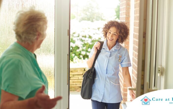 A caregiver comes in to see a client at home representing senior home care and the services offered.