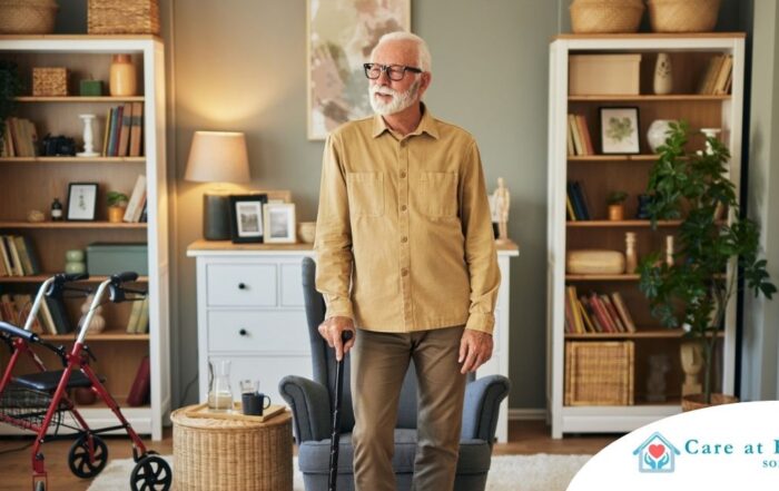 Exploring fall prevention for seniors — an elderly man stands in a safely arranged room.