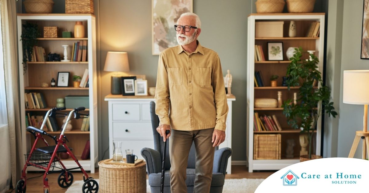 Fall prevention for Seniors Home Safety Exploring fall prevention for seniors — an elderly man stands in a safely arranged room.